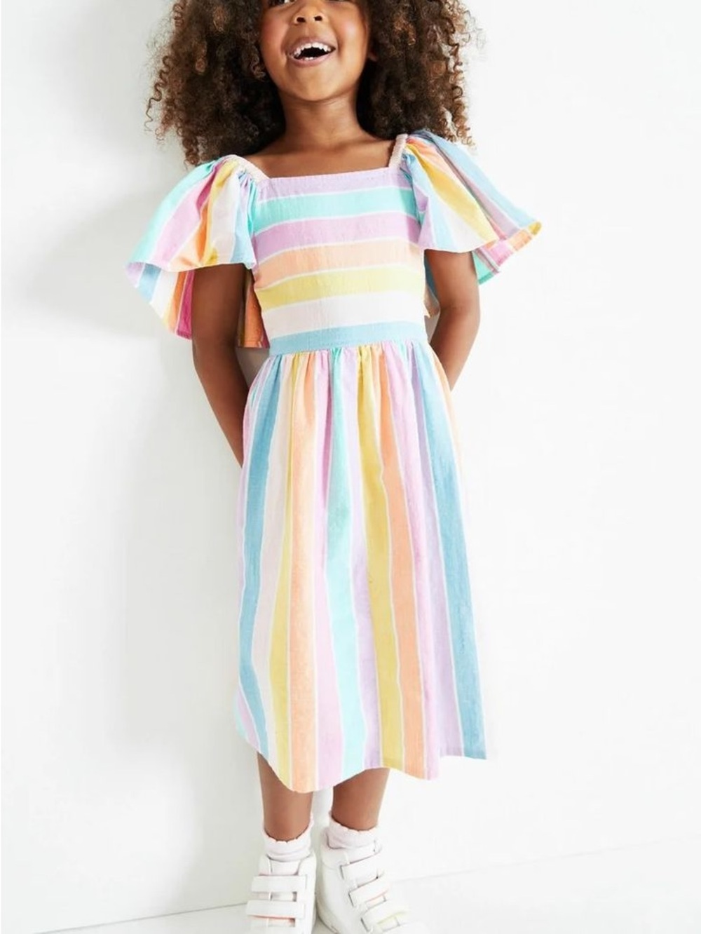 NEXT Girls Rainbow Pastel Stripe Puff-Sleeve Dress